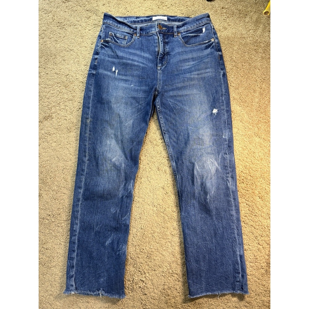 Loft High Waist Straight Crop Jeans Women 6/28 Blue Denim Raw Hem Distressed